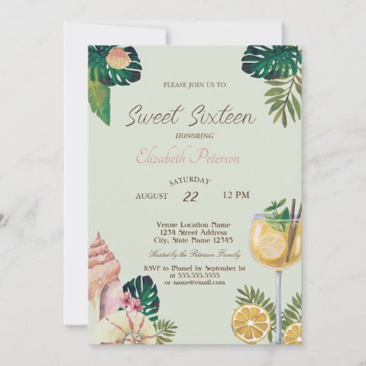 手のひら、カクテル、シーシェルズサマースウィート16パーティー 招待状 (正面)
