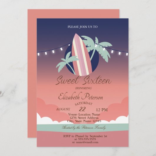 手のひら、サーフィンボードサマースウィート16パーティー 招待状 (正面/裏面)