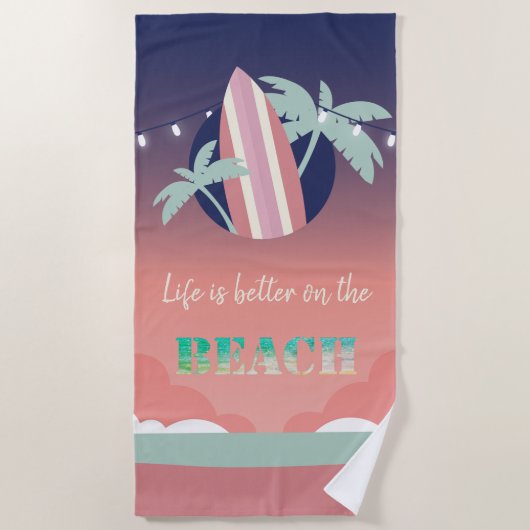 手のひら，サーフボード，ストリングライトビーチ ビーチタオル (正面)