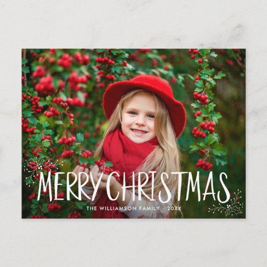 手のタイポグラフィ家族のクリスマスフォトカード ポストカード (正面)