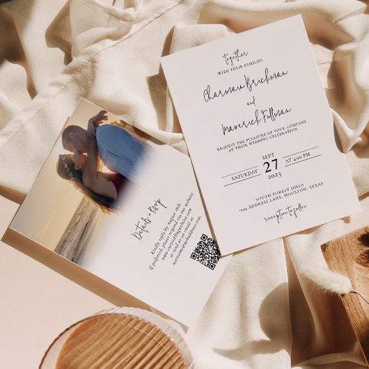 手のモダンスクリプトフォトウェディングRSVP QRコード 招待状