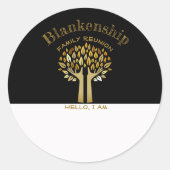 手の上のツリー葉懇親会ファミリのラベル名タグ ラウンドシール (正面)