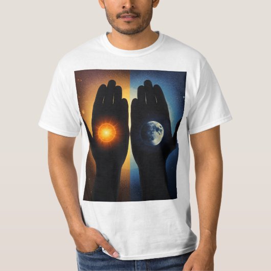✋🌞🌙 手の中に: 太陽と月を抱く Tシャツ (正面)