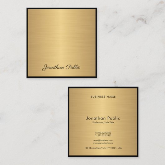 手の原稿の文字のモダンで魅力的な金ゴールドのエレガントな贅沢 スクエア名刺 (正面/裏面)