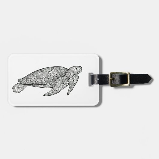 手の図解入りの、写真付きのでアートな花のウミガメ ラゲッジタグ (正面横)