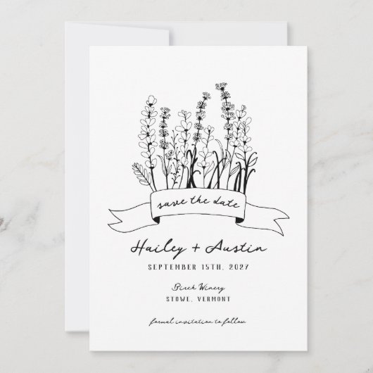 手の図解入りの、写真付きのワイルドフラワーの結婚式の日付を保存 招待状 (正面)