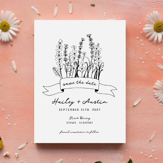 手の図解入りの、写真付きのワイルドフラワーの結婚式の日付を保存 招待状