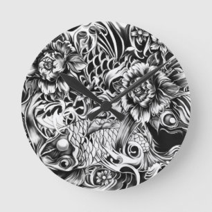 手の実例からの日本のな波の入れ墨の芸術 ラウンド壁時計
