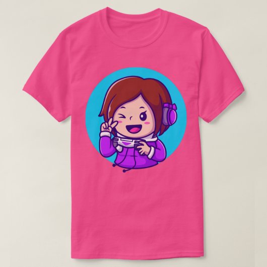 手の平和とジョイスティックを保持かわいい女の子ゲーム Tシャツ (デザイン正面)