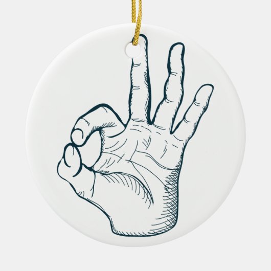 手の引くことのスケッチのヴィンテージのokay手の印 セラミックオーナメント (正面)