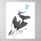 手の影で飛ぶ鳥のイリュージョン超現実主義アート ポスター (正面)