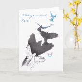 手の影の飛んでいる鳥の幻想超現実美術 カード (黄色い花)