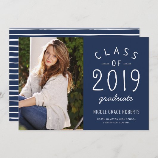 手の教養がある卒業の写真の発表の青 案内状 (正面/裏面)