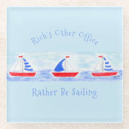 手の絵を描水の色の帆船はむしろセーリングされている ガラスコースター