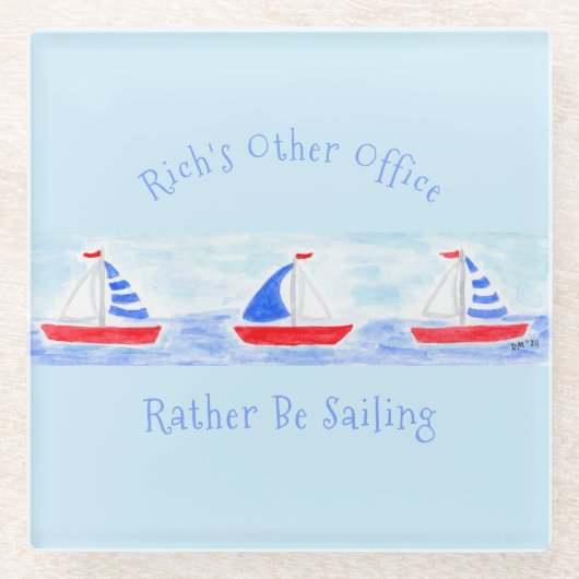 手の絵を描水の色の帆船はむしろセーリングされている ガラスコースター (正面)