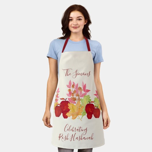 手の絵を描水の色の離れApple Rosh Hashanah エプロン (着用した状態)