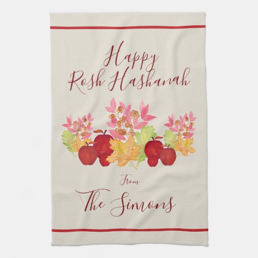 手の絵を描水の色の離れApple Rosh Hashanah キッチンタオル (縦)