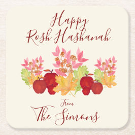 手の絵を描水の色の離れApple Rosh Hashanah スクエアペーパーコースター