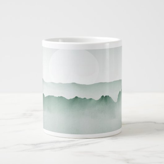 手の絵を描水色の山の風景 ジャンボコーヒーマグカップ (正面)