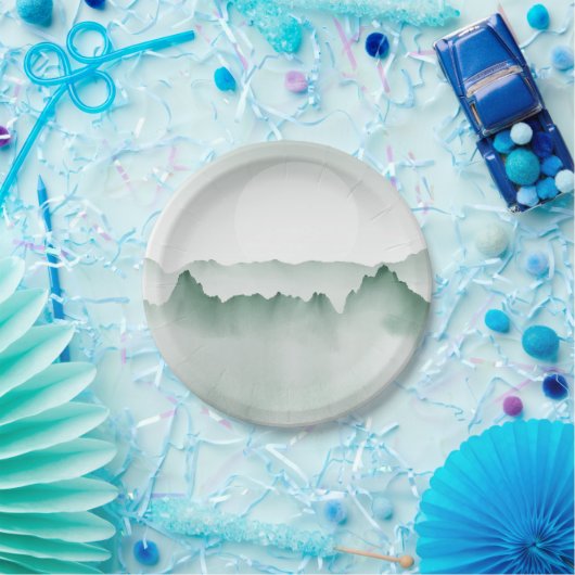 手の絵を描水色の山の風景 ペーパープレート (パーティー)