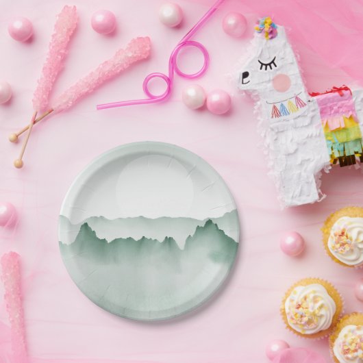 手の絵を描水色の山の風景 ペーパープレート (パーティー)