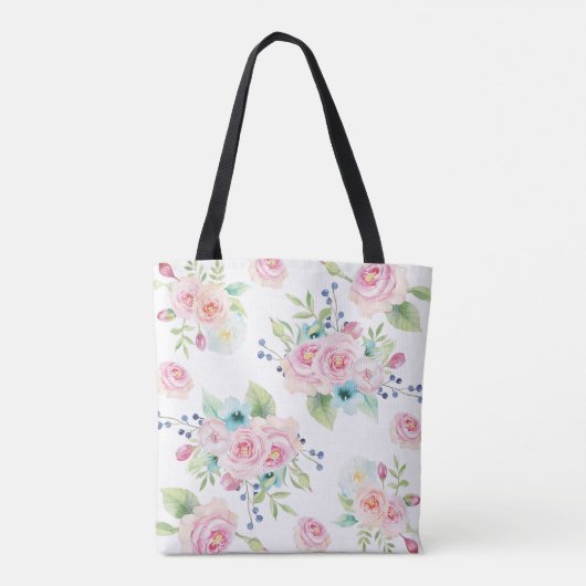 手の絵を描水色の花カスタムモノグラム トートバッグ (裏面)