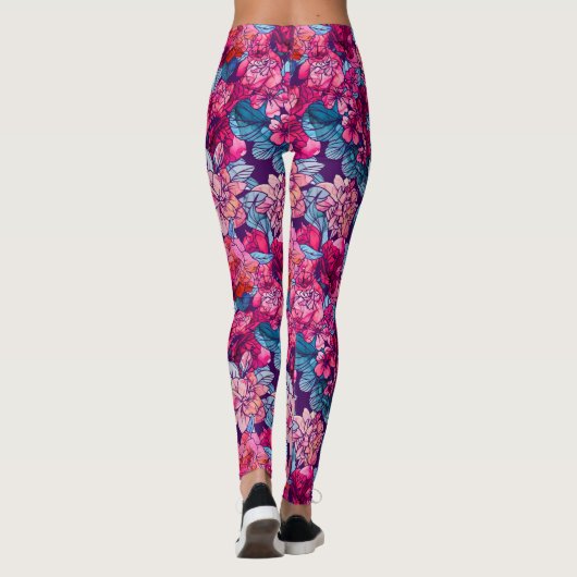 手の絵を描水色の花模様ピンク紫 レギンス (裏面)
