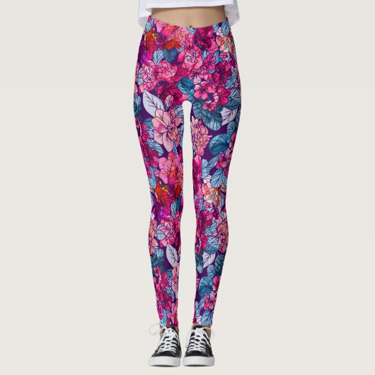 手の絵を描水色の花模様ピンク紫 レギンス (正面)