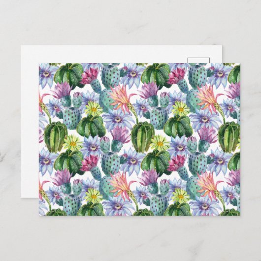 手の絵を描水色サボテンのパターン ポストカード (正面/裏面)