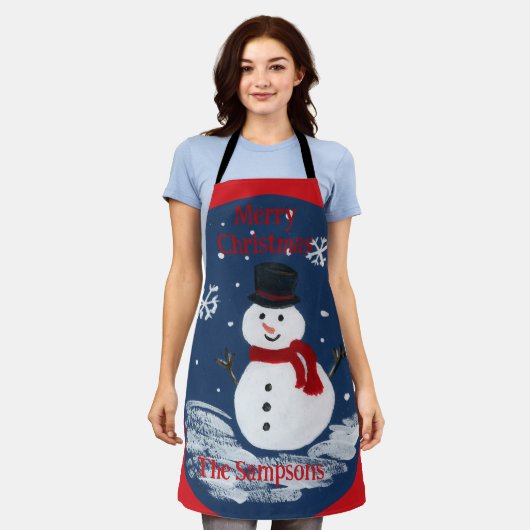 手の絵を描雪だるまレッドのパーソナライズ エプロン (着用した状態)
