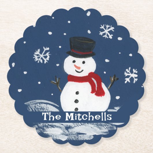 手の絵を描雪だるま ペーパーコースター (正面)