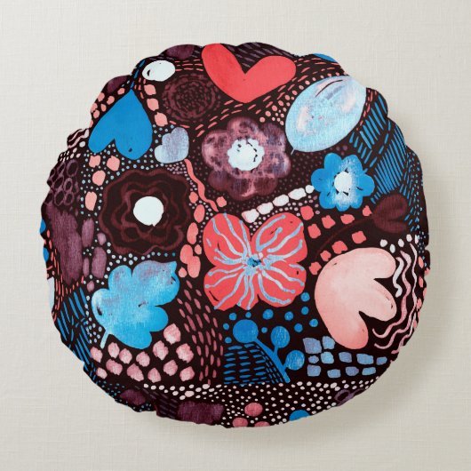 手の絵画抽象芸術の水の色スケッチDoodle Fl ラウンドクッション (正面)