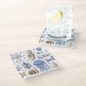 手の色彩の鮮やか水色の海のパターン。 ガラスコースター (アングル)