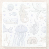 手の色彩の鮮やか水色の海のパターン。 ガラスコースター (裏面)