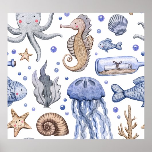 手の色彩の鮮やか水色の海のパターン。 ポスター (正面)