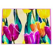 手の色彩の鮮やか水色チューリップ黄色ピンク ラージペーパーバッグ (正面)