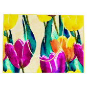 手の色彩の鮮やか水色チューリップ黄色ピンク ラージペーパーバッグ (裏面)