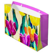 手の色彩の鮮やか水色チューリップ黄色ピンク ラージペーパーバッグ (裏面アングル)