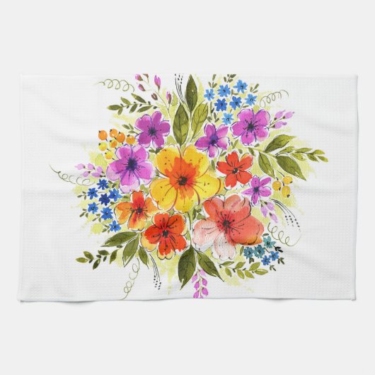 手の色彩の鮮やか花、明るい水の色の花束。 キッチンタオル (横)