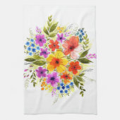 手の色彩の鮮やか花、明るい水の色の花束。 キッチンタオル (縦)