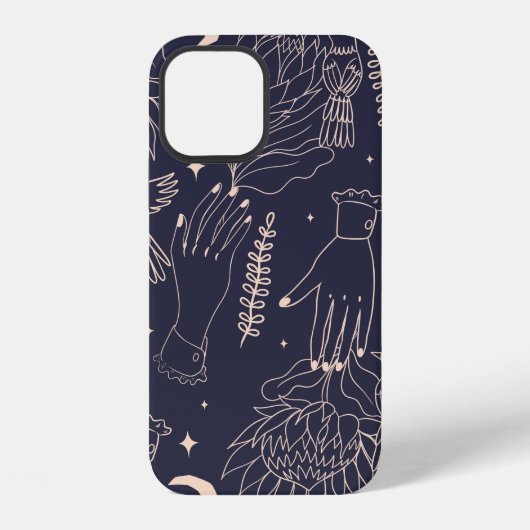 手の輪郭、花の模様のシームレスパターン iPhoneケース (裏面)