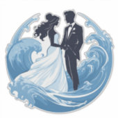 手をつなぐ結婚式のカップルのシルエット シール (正面)