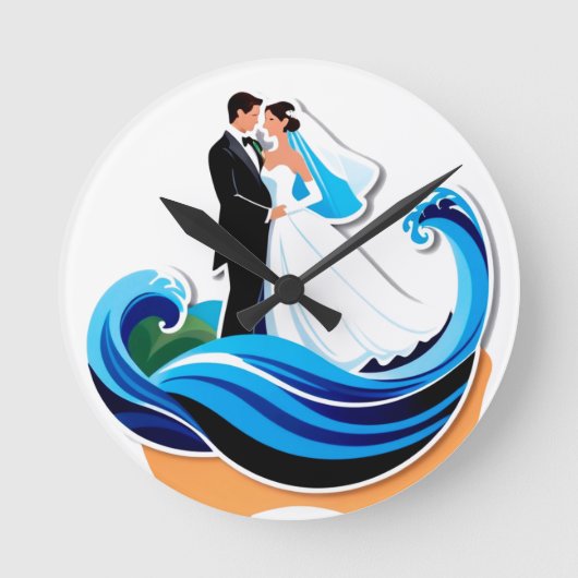 手を取り合う結婚式のカップルのシルエット ラウンド壁時計 (正面)