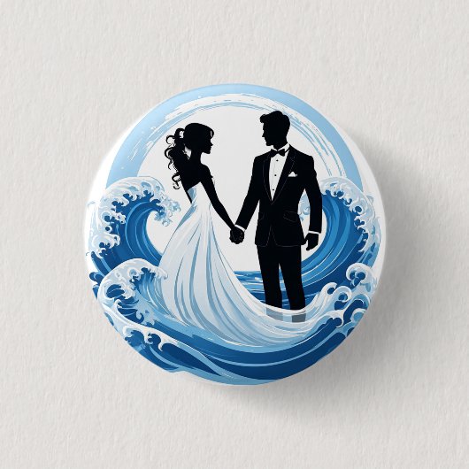 手を取り合う結婚式のカップルのシルエット 缶バッジ (正面)