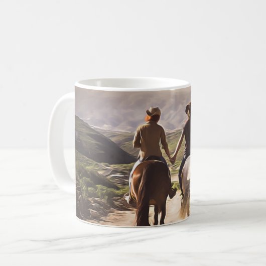手を持つロマンチックな馬の乗り手絵を描 コーヒーマグカップ (正面左)