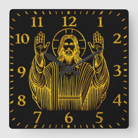 手を挙げてイエスを金色に表したもの スクエア壁時計 (正面)