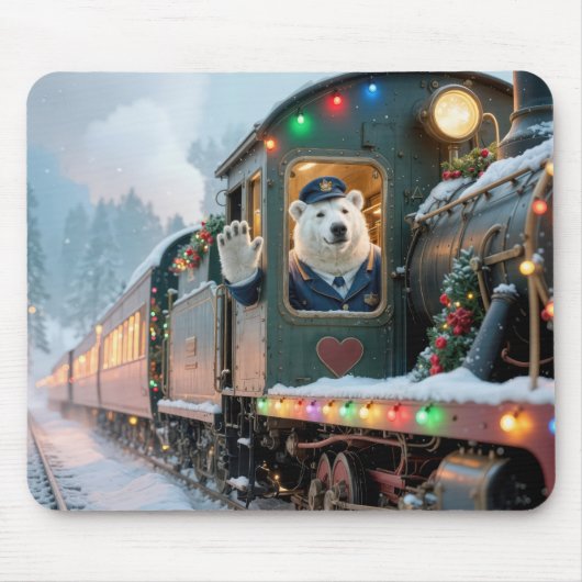 手を振るホッキョクグマのクリスマストレイン マウスパッド (正面)