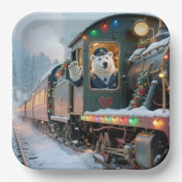 手を振るホッキョクグマのビンテージ クリスマス トレイン ペーパープレート