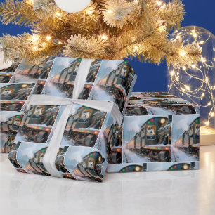 手を振るホッキョクグマのビンテージ クリスマス トレイン ラッピングペーパー