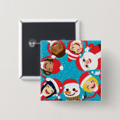 手を握っているサンタの雪だるまおよび子供 缶バッジ (正面&裏面)